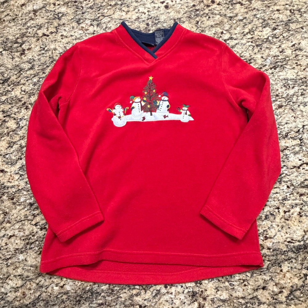 C&B‎ Sport Womens Red Fleece Christmas Snowman Embroidered V-Neck Sweatshirt M